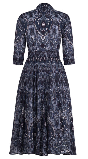 Aster Dress Shirt Collar 3/4 Sleeve Midi Length Wool Musola (Mill Creek Paisley Dark) - Grey
