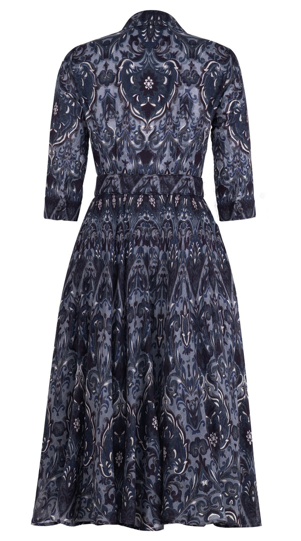 Aster Dress Shirt Collar 3/4 Sleeve Midi Length Wool Musola (Mill Creek Paisley Dark) - Grey