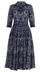 Aster Dress Shirt Collar 3/4 Sleeve Midi Length Wool Musola (Mill Creek Paisley Dark) - Grey