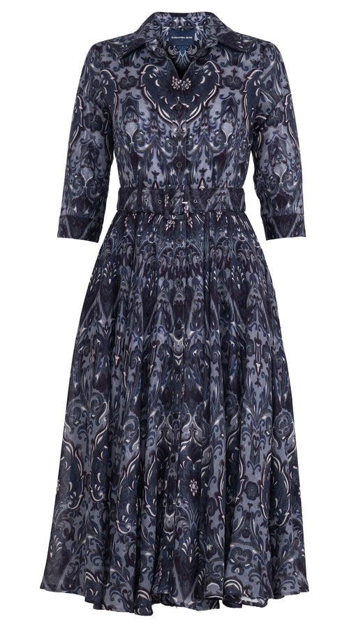 Aster Dress Shirt Collar 3/4 Sleeve Midi Length Wool Musola (Mill Creek Paisley Dark) - Grey