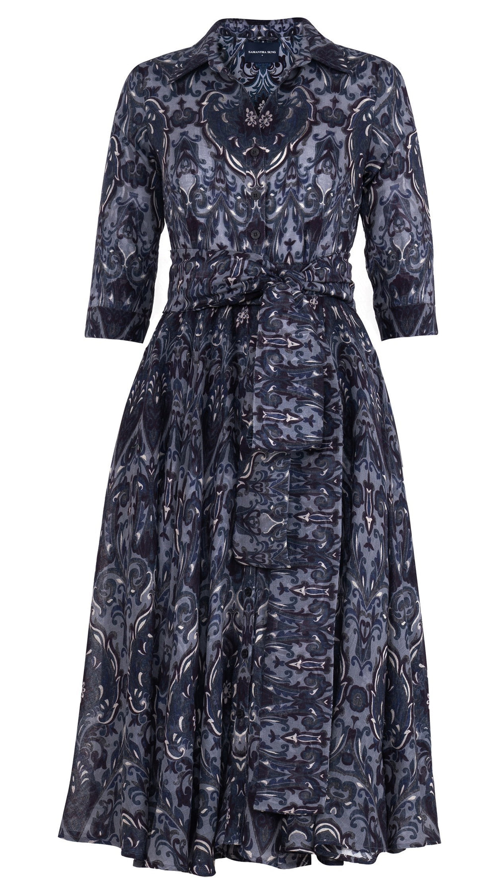 Aster Dress Shirt Collar 3/4 Sleeve Midi Length Wool (Mill Creek Paisley Dark) - Grey