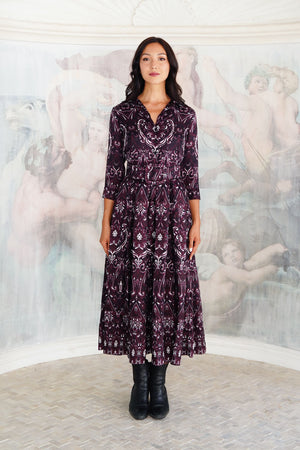 Audrey Dress #7 Shirt Collar 3/4 Sleeve Midi Plus Length Silk Twill (Mill Creek Paisley Dark)