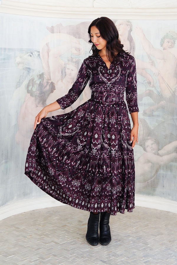 Audrey Dress #7 Shirt Collar 3/4 Sleeve Midi Plus Length Silk Twill (Mill Creek Paisley Dark)