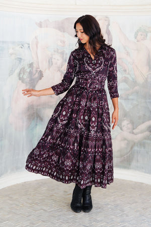 Audrey Dress #7 Shirt Collar 3/4 Sleeve Midi Plus Length Silk Twill (Mill Creek Paisley Dark)