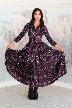 Audrey Dress #7 Shirt Collar 3/4 Sleeve Midi Plus Length Silk Twill (Mill Creek Paisley Dark)