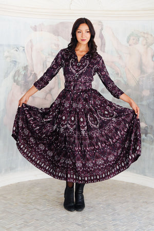 Audrey Dress #7 Shirt Collar 3/4 Sleeve Midi Plus Length Silk Twill (Mill Creek Paisley Dark)