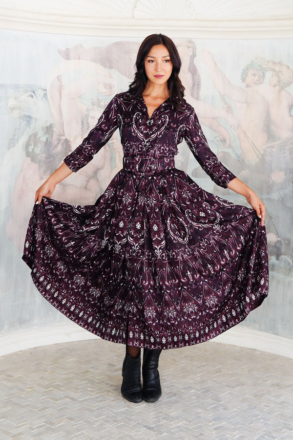 Audrey Dress #7 Shirt Collar 3/4 Sleeve Midi Plus Length Silk Twill (Mill Creek Paisley Dark)