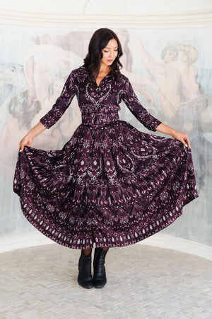 Audrey Dress #7 Shirt Collar 3/4 Sleeve Midi Plus Length Silk Twill (Mill Creek Paisley Dark)