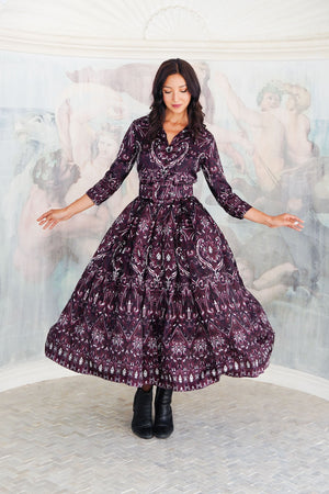 Audrey Dress #7 Shirt Collar 3/4 Sleeve Midi Plus Length Silk Twill (Mill Creek Paisley Dark)