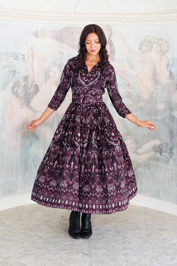 Audrey Dress #7 Shirt Collar 3/4 Sleeve Midi Plus Length Silk Twill (Mill Creek Paisley Dark)