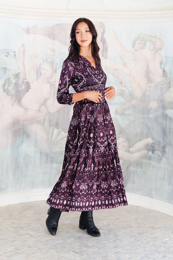 Audrey Dress #7 Shirt Collar 3/4 Sleeve Midi Plus Length Silk Twill (Mill Creek Paisley Dark)