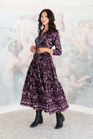 Audrey Dress #7 Shirt Collar 3/4 Sleeve Midi Plus Length Silk Twill (Mill Creek Paisley Dark)