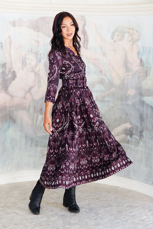 Audrey Dress #7 Shirt Collar 3/4 Sleeve Midi Plus Length Silk Twill (Mill Creek Paisley Dark)