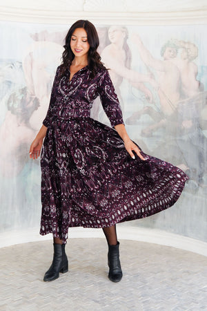 Audrey Dress #7 Shirt Collar 3/4 Sleeve Midi Plus Length Silk Twill (Mill Creek Paisley Dark)