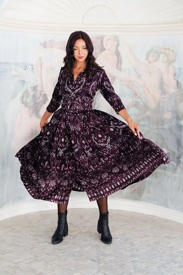 Audrey Dress #7 Shirt Collar 3/4 Sleeve Midi Plus Length Silk Twill (Mill Creek Paisley Dark)