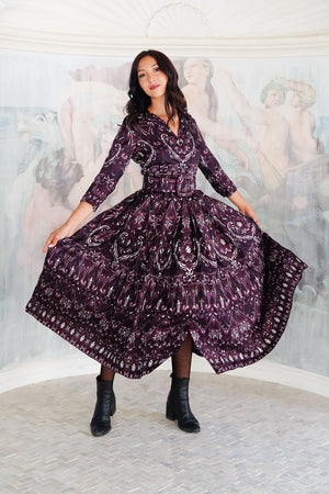 Audrey Dress #7 Shirt Collar 3/4 Sleeve Midi Plus Length Silk Twill (Mill Creek Paisley Dark)