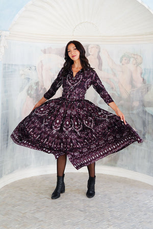 Audrey Dress #7 Shirt Collar 3/4 Sleeve Midi Plus Length Silk Twill (Mill Creek Paisley Dark)