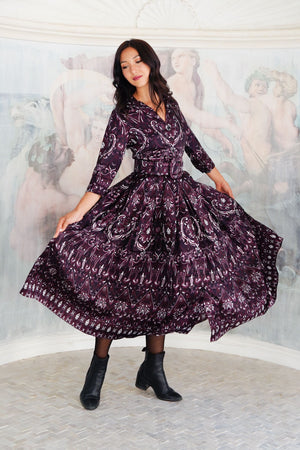Audrey Dress #7 Shirt Collar 3/4 Sleeve Midi Plus Length Silk Twill (Mill Creek Paisley Dark)