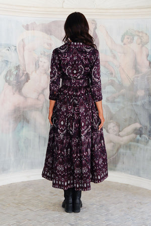 Audrey Dress #7 Shirt Collar 3/4 Sleeve Midi Plus Length Silk Twill (Mill Creek Paisley Dark)