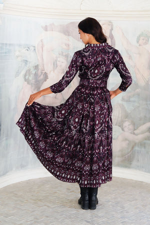 Audrey Dress #7 Shirt Collar 3/4 Sleeve Midi Plus Length Silk Twill (Mill Creek Paisley Dark)