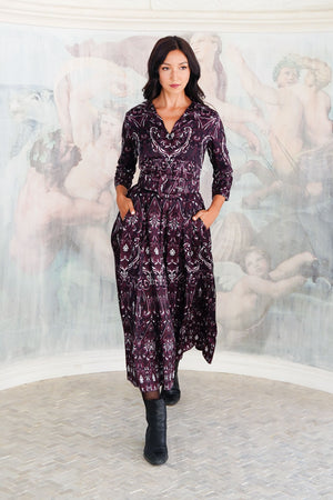 Audrey Dress #7 Shirt Collar 3/4 Sleeve Midi Plus Length Silk Twill (Mill Creek Paisley Dark)