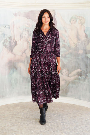 Audrey Dress #7 Shirt Collar 3/4 Sleeve Midi Plus Length Silk Twill (Mill Creek Paisley Dark)