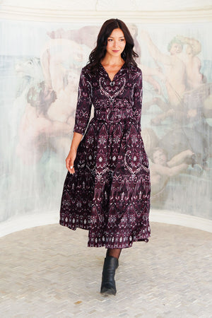 Audrey Dress #7 Shirt Collar 3/4 Sleeve Midi Plus Length Silk Twill (Mill Creek Paisley Dark)