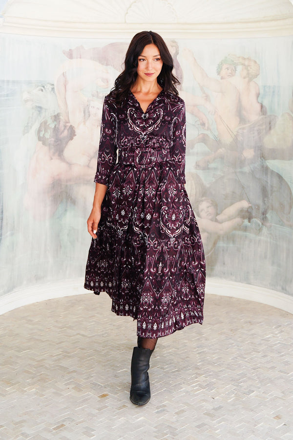 Audrey Dress #7 Shirt Collar 3/4 Sleeve Midi Plus Length Silk Twill (Mill Creek Paisley Dark)