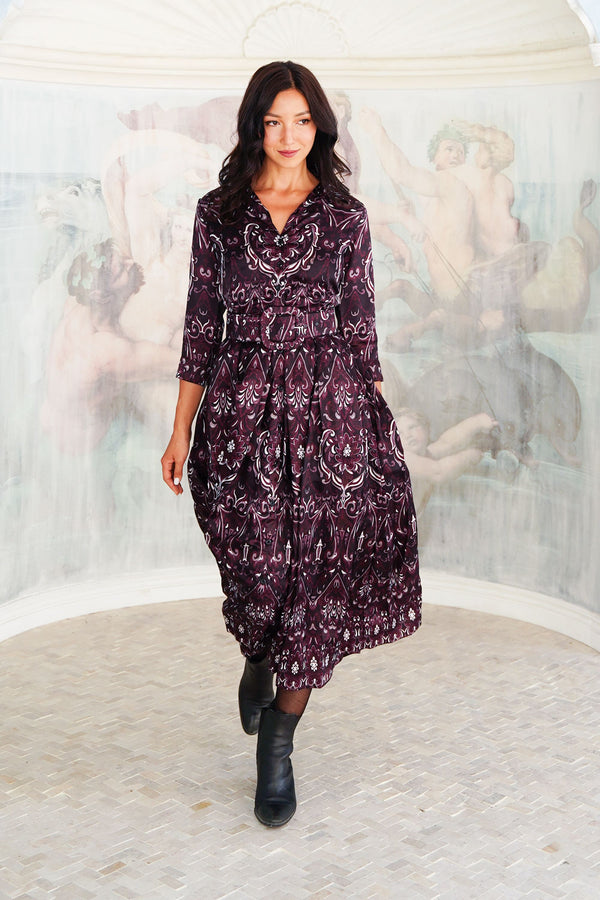 Audrey Dress #7 Shirt Collar 3/4 Sleeve Midi Plus Length Silk Twill (Mill Creek Paisley Dark)