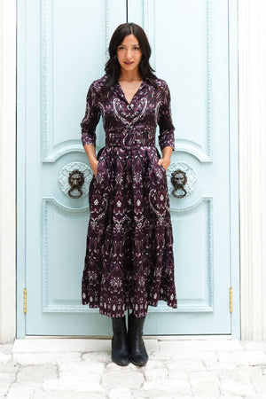 Audrey Dress #7 Shirt Collar 3/4 Sleeve Midi Plus Length Silk Twill (Mill Creek Paisley Dark)