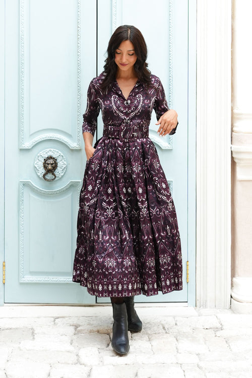Audrey Dress #7 Shirt Collar 3/4 Sleeve Midi Plus Length Silk Twill (Mill Creek Paisley Dark)