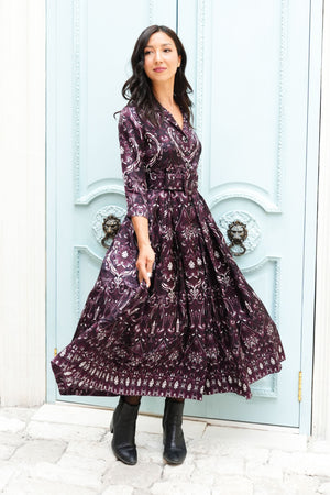 Audrey Dress #7 Shirt Collar 3/4 Sleeve Midi Plus Length Silk Twill (Mill Creek Paisley Dark)