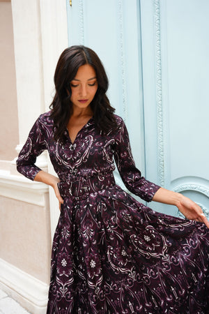 Audrey Dress #7 Shirt Collar 3/4 Sleeve Midi Plus Length Silk Twill (Mill Creek Paisley Dark)