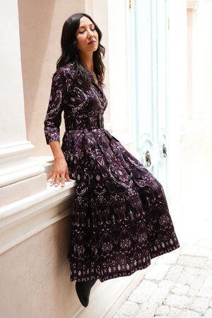 Audrey Dress #7 Shirt Collar 3/4 Sleeve Midi Plus Length Silk Twill (Mill Creek Paisley Dark)