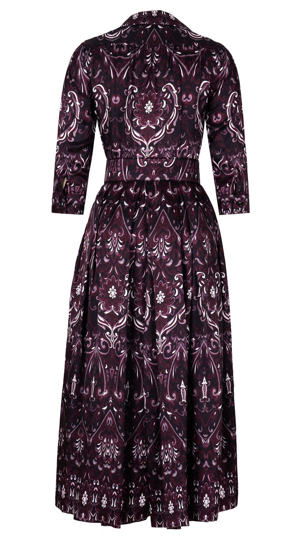 Audrey Dress #7 Shirt Collar 3/4 Sleeve Midi Plus Length Silk Twill (Mill Creek Paisley Dark)