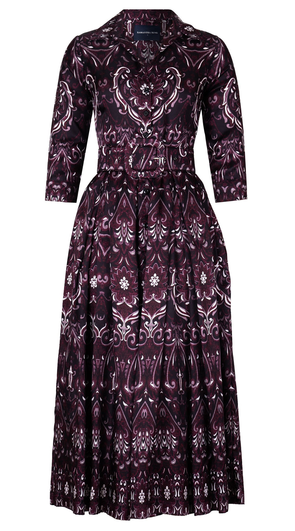 Audrey Dress #7 Shirt Collar 3/4 Sleeve Midi Plus Length Silk Twill (Mill Creek Paisley Dark)