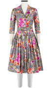 Audrey Dress #2 Shirt Collar 3/4 Sleeve Long Length Cotton Stretch (Millie Fruit Toile)