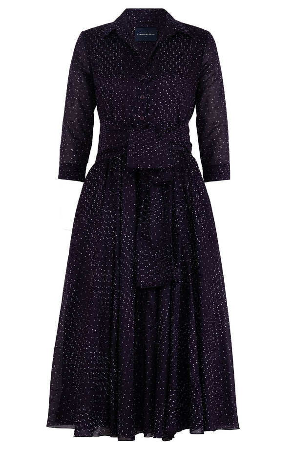 Aster Dress Shirt Collar 3/4 Sleeve Midi Length Cotton Musola (Mini Dots)