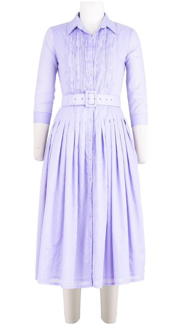Audrey Dress #4 Shirt Collar Ruffle 3/4 Sleeve Midi Length Cotton Musola (Mini Dots 50)