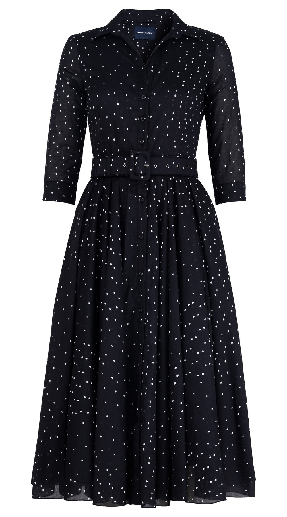 Aster Dress Shirt Collar 3/4 Sleeve Midi Length Cotton Musola (Mini Dots 75)
