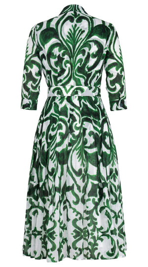 Audrey Dress #4 Shirt Collar 3/4 Sleeve Midi Length Ramie (Maiolica Blue Tile Small)