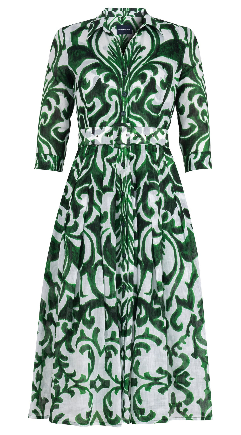 Audrey Dress #4 Shirt Collar 3/4 Sleeve Midi Length Ramie (Maiolica Blue Tile Small)