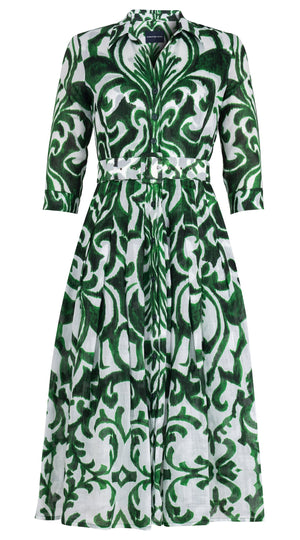 Audrey Dress #4 Shirt Collar 3/4 Sleeve Midi Length Ramie (Maiolica Blue Tile Small)