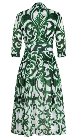 Audrey Dress #4 Shirt Collar 3/4 Sleeve Midi Length Ramie (Maiolica Blue Tile Small)