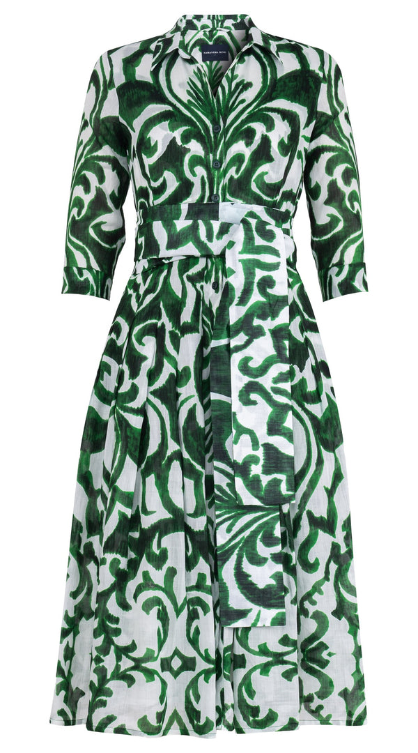 Audrey Dress #4 Shirt Collar 3/4 Sleeve Midi Length Ramie (Maiolica Blue Tile Small)