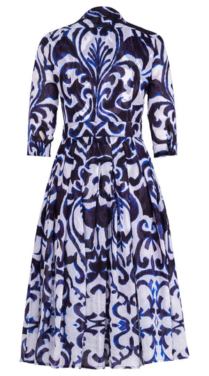 Audrey Dress #4 Shirt Collar 3/4 Sleeve Midi Length Ramie (Maiolica Blue Tile Small)