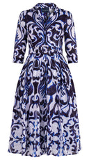 Audrey Dress #4 Shirt Collar 3/4 Sleeve Midi Length Ramie (Maiolica Blue Tile Small)