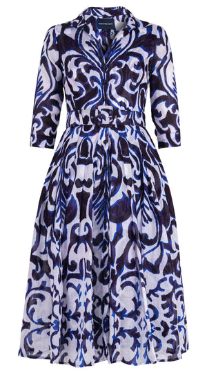 Audrey Dress #4 Shirt Collar 3/4 Sleeve Midi Length Ramie (Maiolica Blue Tile Small)