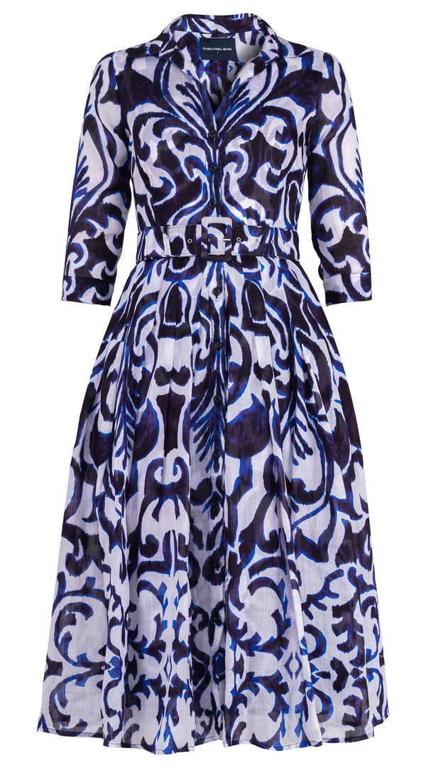 Audrey Dress #4 Shirt Collar 3/4 Sleeve Midi Length Ramie (Maiolica Blue Tile Small)