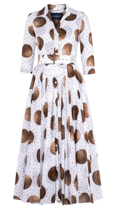 Aster Dress Shirt Collar 3/4 Sleeve Midi Plus Length Cotton Musola (Mixed Dots White)